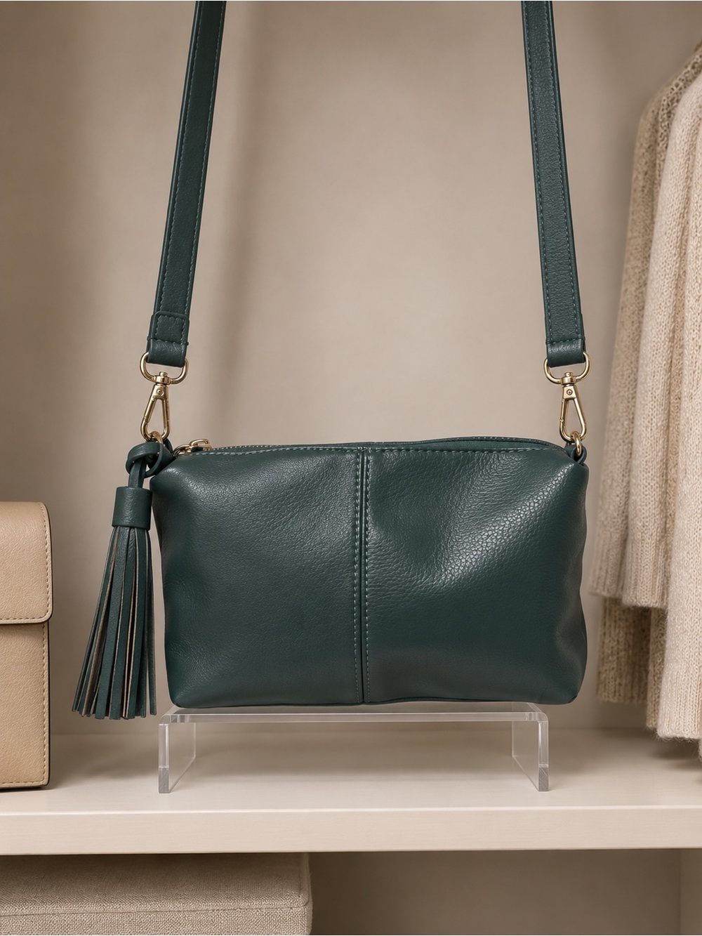 EUC Louenhide Green Vegan Leather Crossbody Tassel Bag
